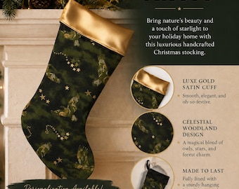 Kerstsok Dark Forest Celestial Woodland | Luxe gouden fluwelen manchet, gepersonaliseerd