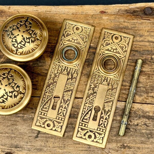 Antique Victorian 1890 Eastlake Ornate Solid Brass Door Knob & Back Plate Set