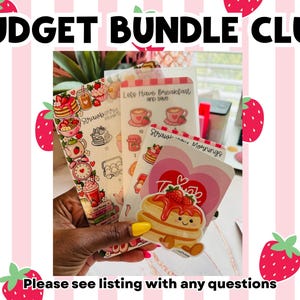 May include: A collection of sticker sheets featuring strawberry-themed illustrations, including pancakes, coffee cups, and breakfast items. The text reads BUDGET BUNDLE CLUB, Lets Have Breakfast AND SAVE, and Strawberry Mornings.