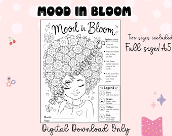 Tracker dell'umore afro stampabile / Pagina da colorare con fiori per capelli di ragazza nera / Tracker dell'umore mensile / Download digitale per la sfida di risparmio
