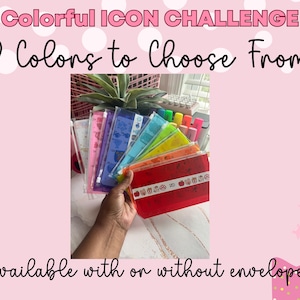 Peut inclure: Image présentant des pochettes transparentes colorées, rose, violet, bleu, vert et rouge. Le texte indique "Colorful ICON CHALLENGE", "9 couleurs au choix" et "Disponible avec ou sans enveloppes."