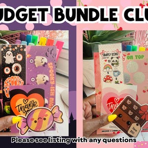 May include: Two sets of savings challenge trackers labeled BUDGET BUNDLE CLUB. The left set features ghosts, eyeballs, and a candy graphic. The right set displays a panda, mushrooms, and a chocolate bar graphic with the text Please see listing with any questions.