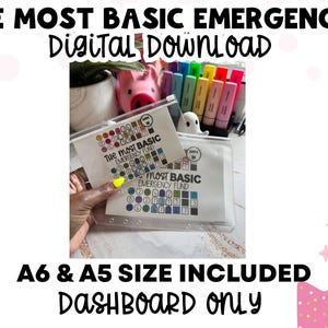 May include: Two clear plastic zipper pouches containing printed paper trackers titled THE MOST BASIC EMERGENCY FUND. Each tracker features rows of colorful numbered circles for savings goals. The text A6 & A5 SIZE INCLUDED DASHBOARD ONLY appears below.