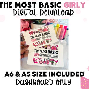 May include: Two white rectangular plastic dashboards featuring the text THE MOST BASIC GIRLY SAVINGS CHALLENGES in black and pink. The design includes illustrations of a pink handbag, high heel, lipstick, perfume, and flowers.