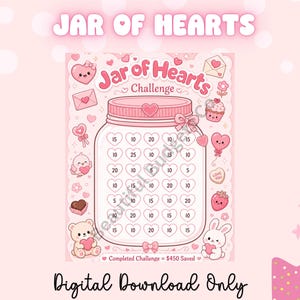 Op de afbeelding: Een roze digitale download met een "Jar of Hearts Challenge" ontwerp. De pot is gevuld met hartvormige ruimtes, elk met een nummer. Het ontwerp bevat harten, een beer, een konijn en de tekst "Digital Download Only."