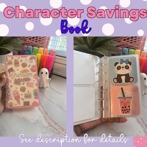 May include: A clear, mini binder with pink accents and a variety of stickers. The binder is open, revealing clear pockets with illustrated cards. One card features a panda, the other a bubble tea. Text on the cover reads "Character Savings Book."