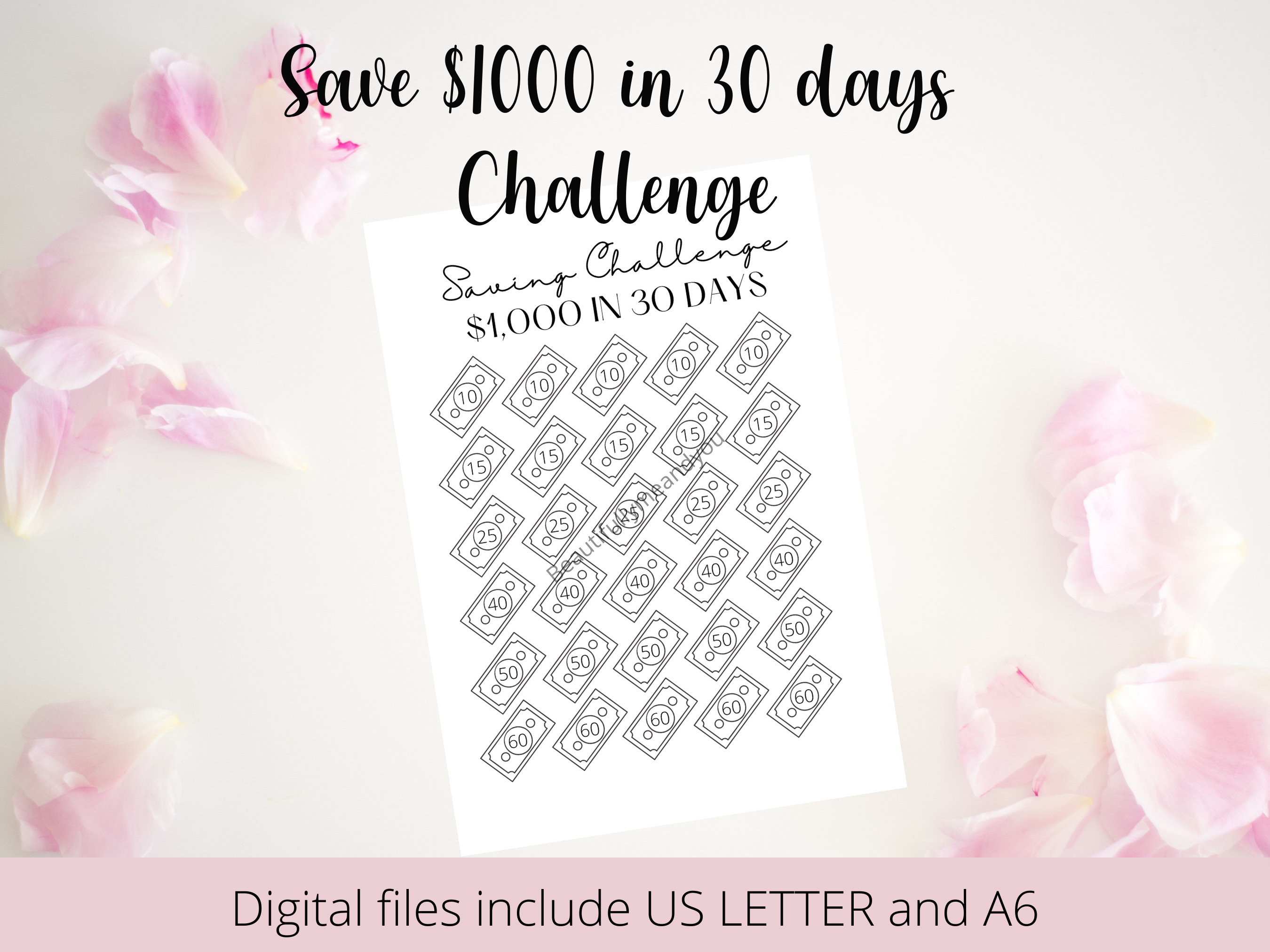 Save 1000 in 30 days Savings Challenge, Printable, US Letter, A6, Instant Download, Personal Budget