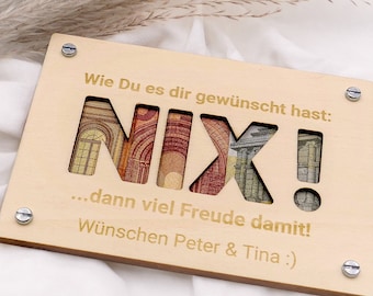 Geldgeschenk Karte NIX aus Holz | Personalisiert | Lustiges Geld Geschenk | Holzkarte | Gutschein