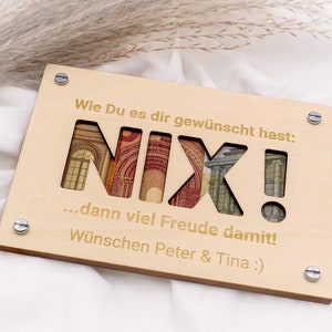 Geldgeschenk Karte NIX aus Holz Personalisiert Lustiges Geld Geschenk Holzkarte Gutschein Mit Wunsch-Gravur