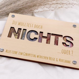 Geldgeschenk Karte NICHTS aus Holz | Personalisiert | Lustiges Geld Geschenk | Holzkarte | Gutschein