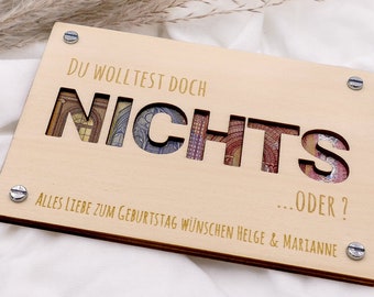 Geldgeschenk Karte NICHTS aus Holz | Personalisiert | Lustiges Geld Geschenk | Holzkarte | Gutschein