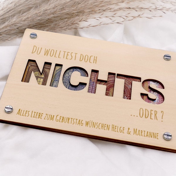 Geldgeschenk Karte NICHTS aus Holz | Personalisiert | Lustiges Geld Geschenk | Holzkarte | Gutschein