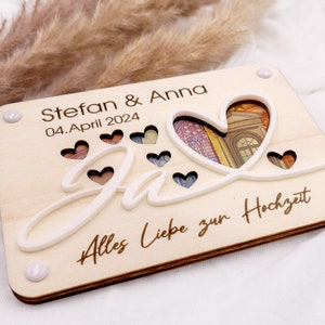 Geldgeschenk Karte JA mit Herz | Geschenk zur Hochzeit | Personalisiert | Hochzeitsgeschenk | Holz Karte | Geldkarte | Geschenkidee