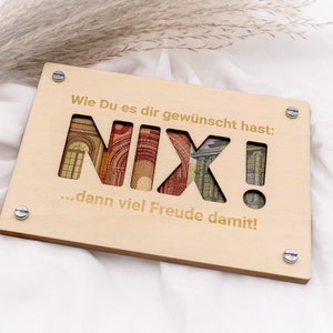 Geldgeschenk Karte NIX aus Holz Personalisiert Lustiges Geld Geschenk Holzkarte Gutschein Ohne Wunsch-Gravur