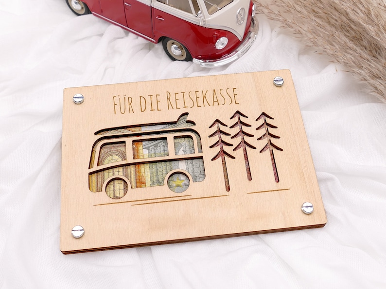 Geldgeschenk Karte CAMPER aus Holz Personalisiert Geschenk für Reise Holzkarte Urlaubsgeld Reisekasse Geschenkidee Ohne Wunsch-Gravur