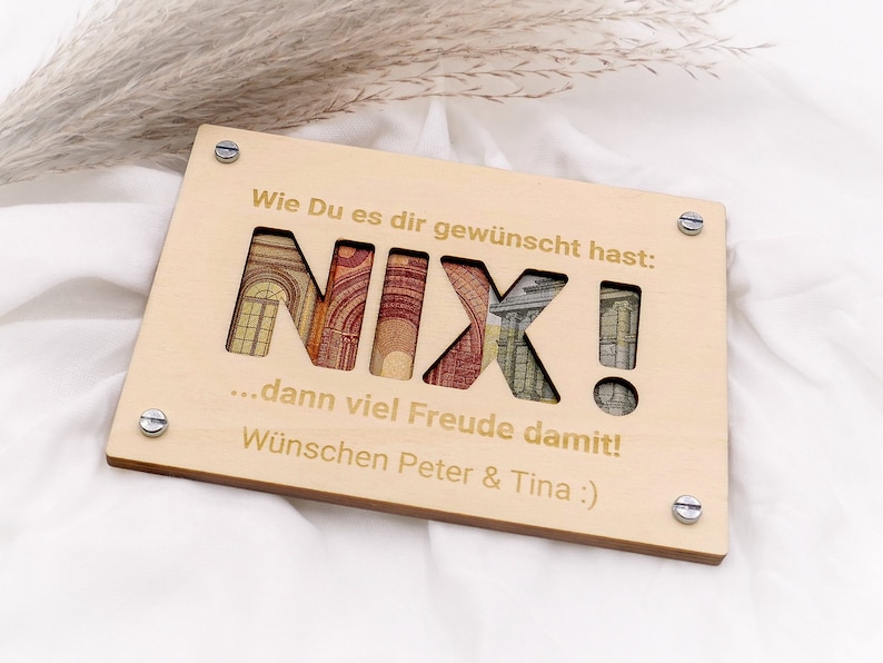 Geldgeschenk Karte NIX aus Holz Personalisiert Lustiges Geld Geschenk Holzkarte Gutschein Mit Wunsch-Gravur