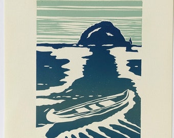 Morro Rock and Kayak. Blue linocut print. Original and handmade limited edition by local artist.