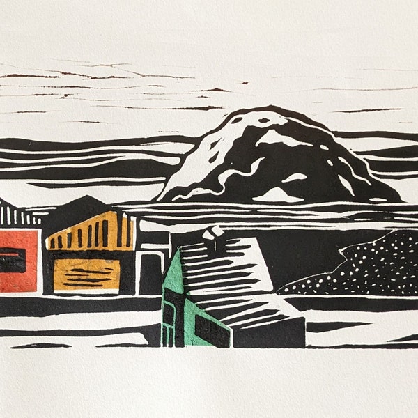 Morro Bay Embarcadero. Linocut print with chine-colle. Original and handmade limited edition by local artist.