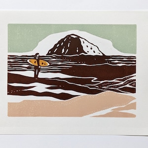 Morro Bay Surfer Linocut Print: Handmade Limited Edition Art
