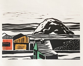 Morro Bay Linocut Print, California Coastal Art (8x10)
