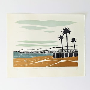 Pismo Beach, Pier and Palm Trees. Multicolor Linocut print. Original and handmade limited edition by local artist.