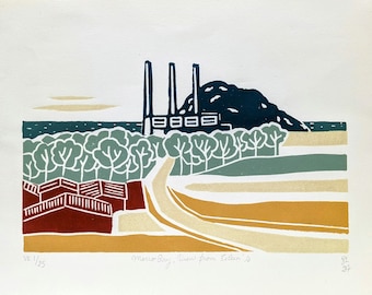 Morro Bay, View from Eileen's. Multi blocks color Linocut print. Original and handmade limited edition by local artist.