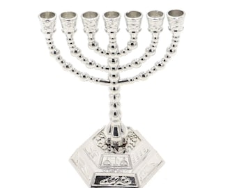 Menorah juive de Jérusalem en argent Hanukkah Israël Bougie Judaïsme 7 branches 4,72"