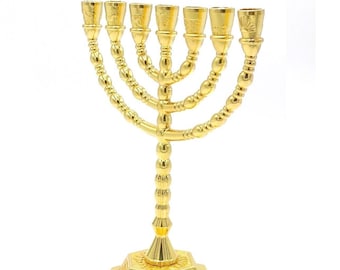 Jewish Menorah 4.4 inch Gold Hanukkah Israel Jerusalem Candle Judaism 7 Branch