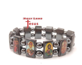 Bracelet Black Hematite With All Saints Christian Stretch Saint Beads