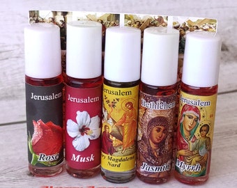 Anointing Oil Roll Lot 5 Myrrh Rose Musk Nard jasmin Roll  With Certificate Blessed in Bethlehem Holy Land Natural & Pure 10ml Long Lasting