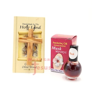 Anointing oil MUSK With Necklace Cross Olive Wood Holy Land Blessed 100% Pure