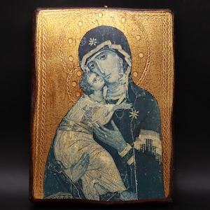 Hand painted Virgin of Vladimir Orthodox Wood icon OLD Antique Christianity Religion Wall Hanging