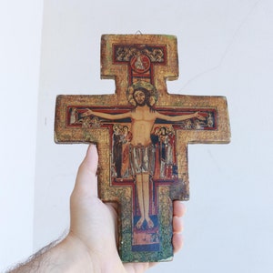 Hand Painted -San Damiano cross Antique Hand Made Crucifix Wood Hanging Icon
