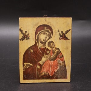 Icon Virgin Mary with Jesus Child Wood Antique Christianity Religion Wall Hanging
