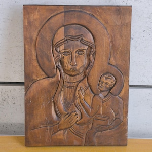 Hand-Carved Wooden Icon Virgin Mary and Child Jesus Religious Wall Art vintage