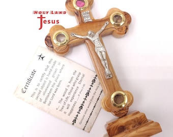 Crucifix Olive Wood Cross † Hand Made With Certificate of Authenticity Stand Holy Land Jerusalem  Blessed Gift for Home Christian