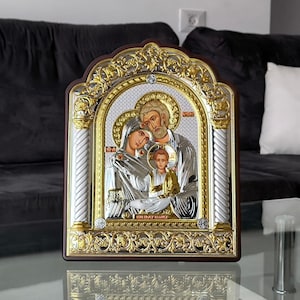 Icon The Holy Family Gold Silver 950 Holy 12.20&quot; Handicraft Wood Christian Christianity religion Hand Made hanging / standing