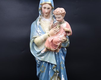 Large Antique Statue Virgin Mary Lady Madonna with Child Large Figure 21.25&quot;