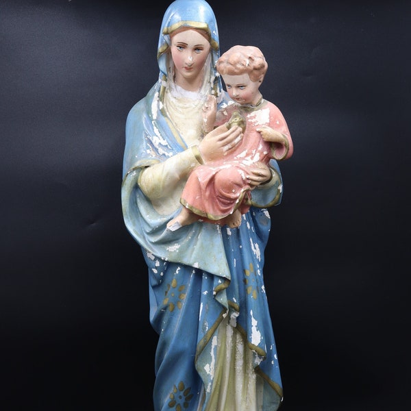 Große Antike Statue Jungfrau Maria Dame Madonna mit Kind Große Figur 21,25"