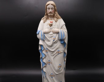 Figure Antique Ceramic Sacred Heart Jesus white Blue 14.56" statue Christianity