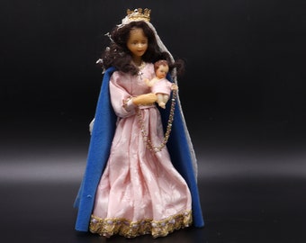 Wax Figure Of The Madonna And Jesus Child Antique Mary virgin pink blue