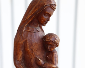 Vintage Wood Carved Virgin Mary and Child Statue - 10.6" Madonna and Jesus Figurine - Religious Home Decor - Christian Catholic Gift