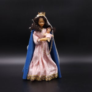 Wax Figure Of The Madonna And Jesus Child Antique Mary virgin pink blue