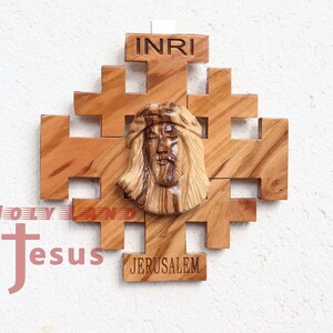 Cross JESUS FACE Carved Olive Wood Jerusalem Wall Holy Land five-fold Cross Hand Made