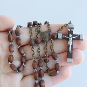 French Vintage Rosary Wood brown Beads Lourdes Icon Christianity Blessed