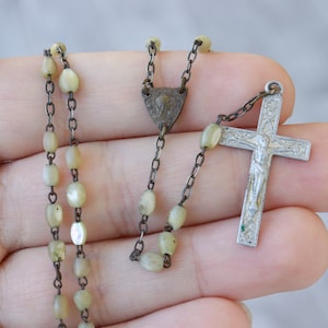 Antique pearl Rosary small Beads France catholic Holy Jesus Christ Crucifix