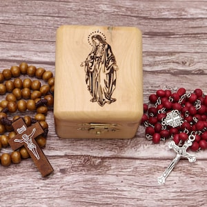 Prayer Olive Wood Rosary Box Carved Mary Virgin Hand Made Holy Land