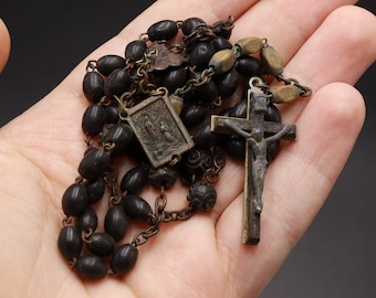 Antique Rosary Italy Black Wood Crucifix Religion Christianity 1900