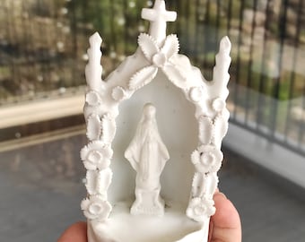 Holy Water Font Standing Mary Virgin FRANCE White Ceramic Cross Religion Figure