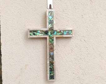 Mother of Pearl Cross Olive Wood  7.9 inch Jerusalem Cross Holy Land  Handmade Crucifixes